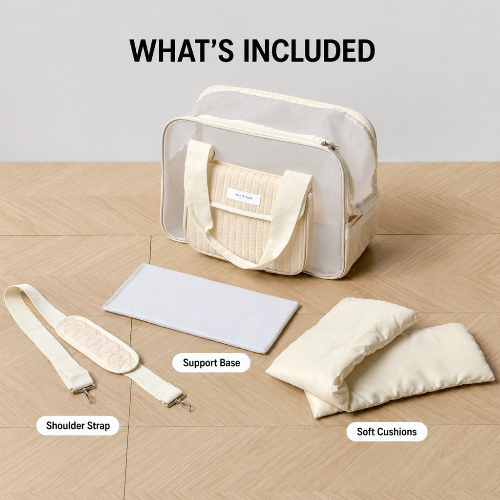 Mesh pet carrier tote in cream with the included shoulder strap, base and cushions.