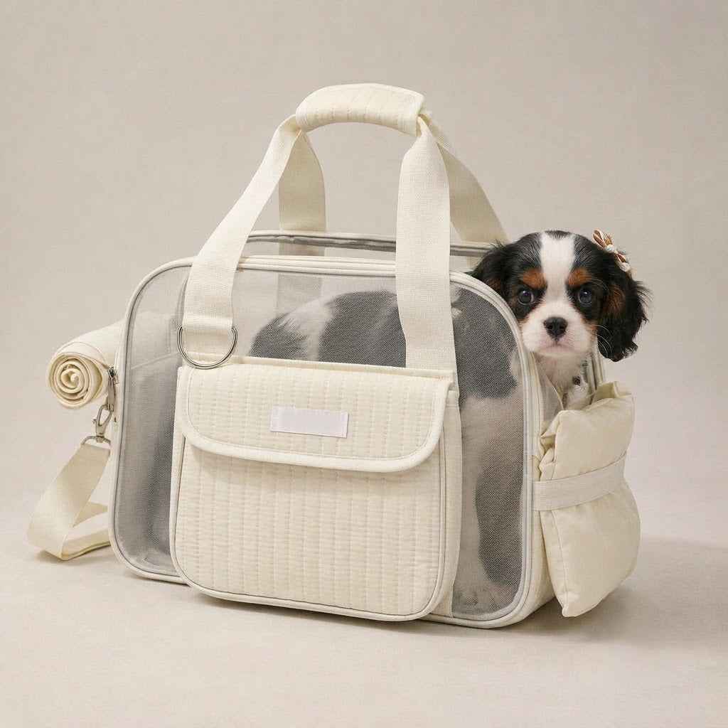 Mesh pet carrier tote in cream with a small dog looking out of the side opening.