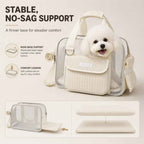 Mesh pet carrier tote in cream showing the support base and removable cushions.