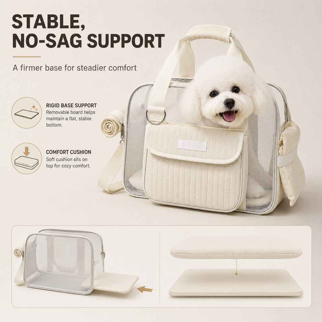 Mesh pet carrier tote in cream showing the support base and removable cushions.