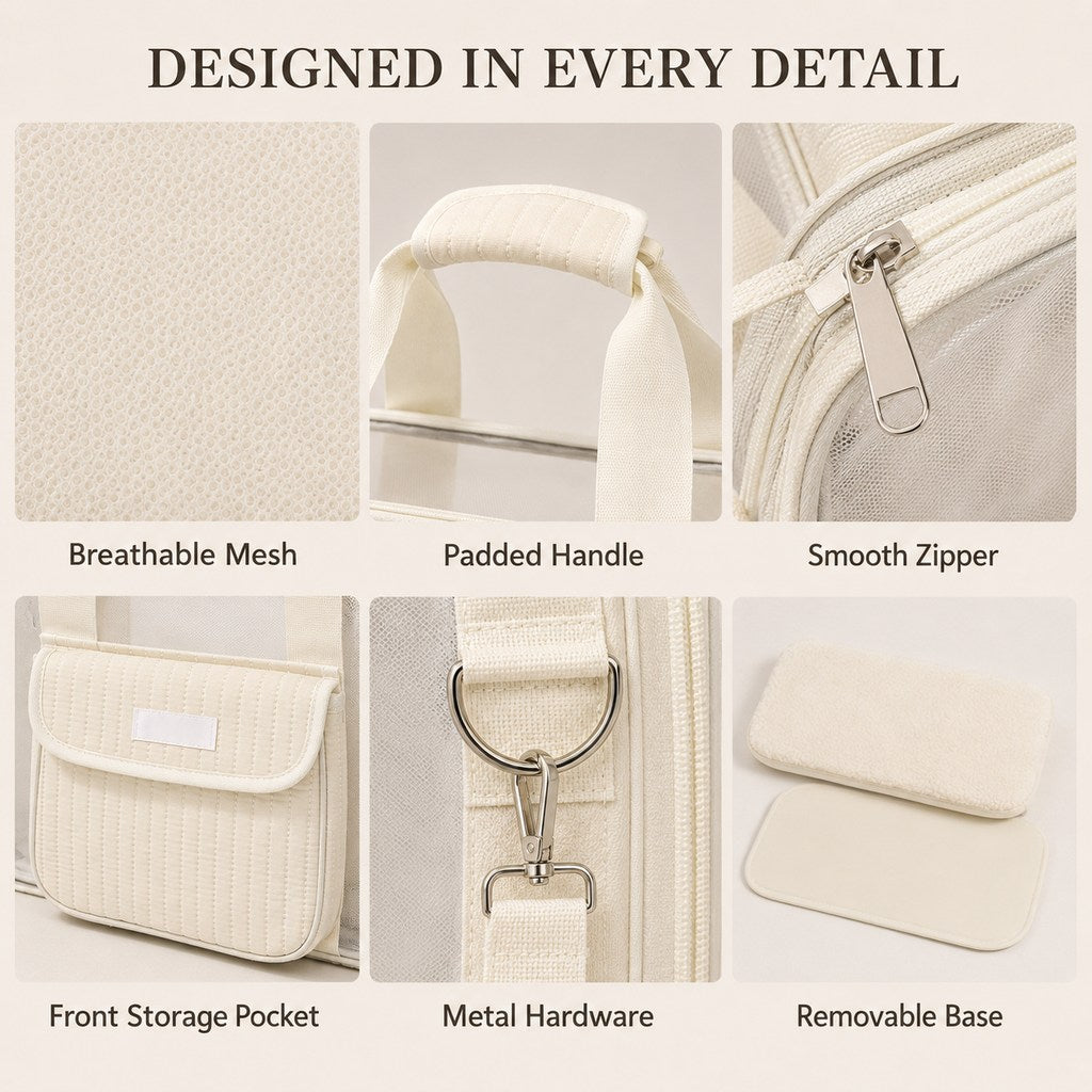 Mesh pet carrier tote detail collage of mesh, padded handle, zipper, pocket and hardware.
