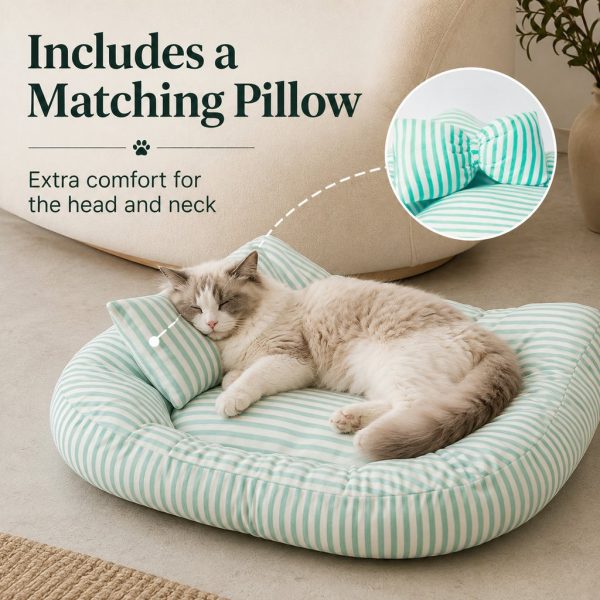 Mint striped bolster pet bed with a cat resting its head near the matching pillow.