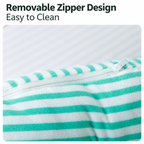 Mint striped bolster pet bed closeup showing the zipper in the striped fabric.
