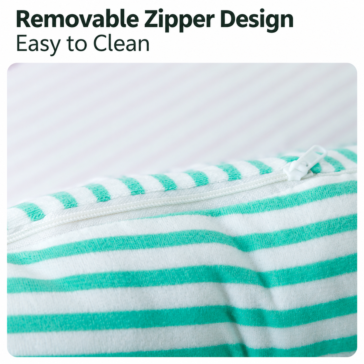 Mint striped bolster pet bed closeup showing the zipper in the striped fabric.