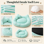 Mint striped bolster pet bed detail collage showing plush fabric, filling, pillow, zipper and base.
