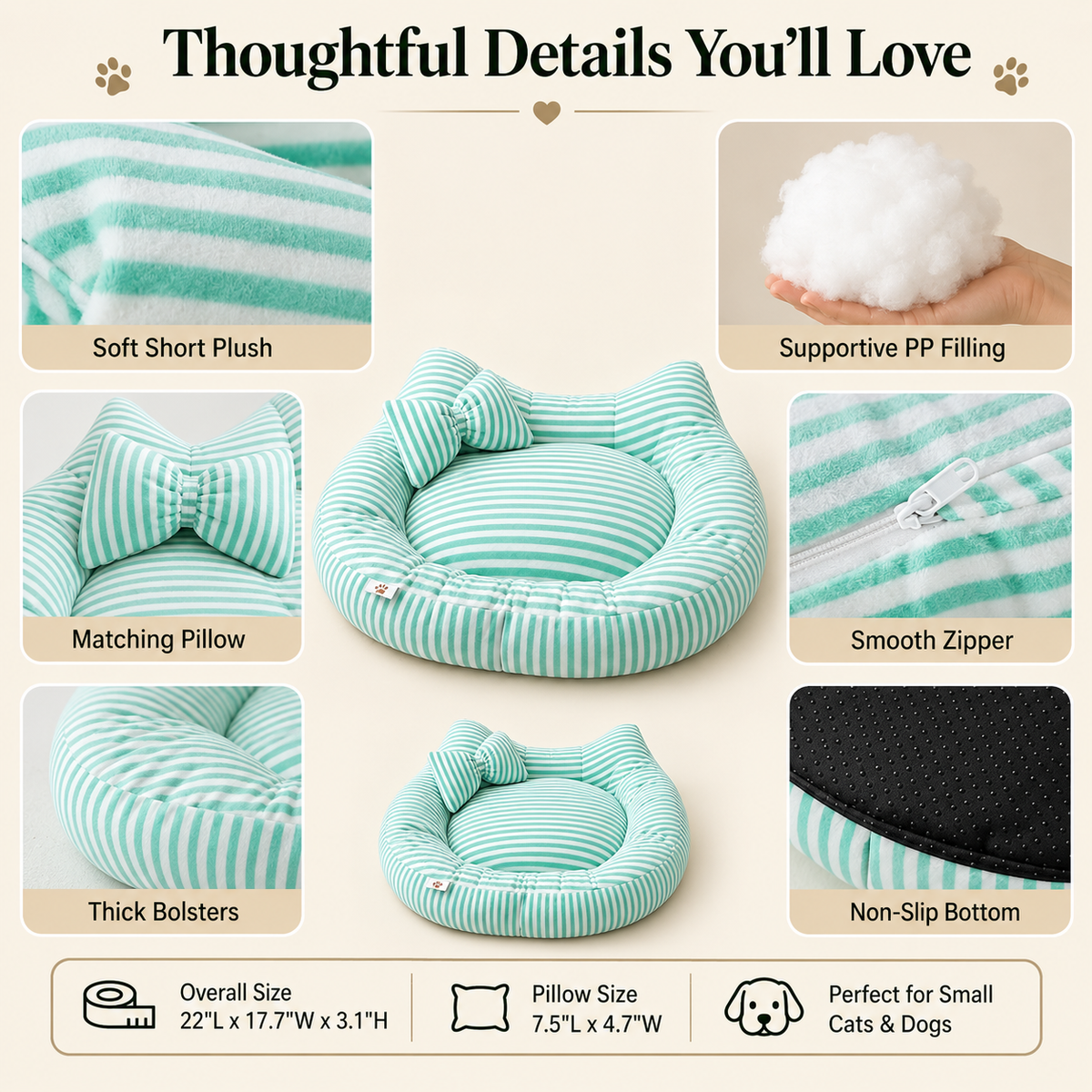 Mint striped bolster pet bed detail collage showing plush fabric, filling, pillow, zipper and base.