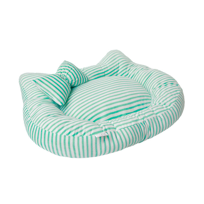 Mint striped bolster pet bed and matching pillow displayed against a white background.
