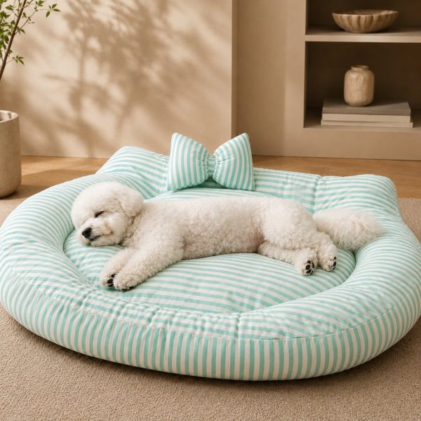 Mint striped bolster pet bed with a small white dog sleeping beside the matching pillow.