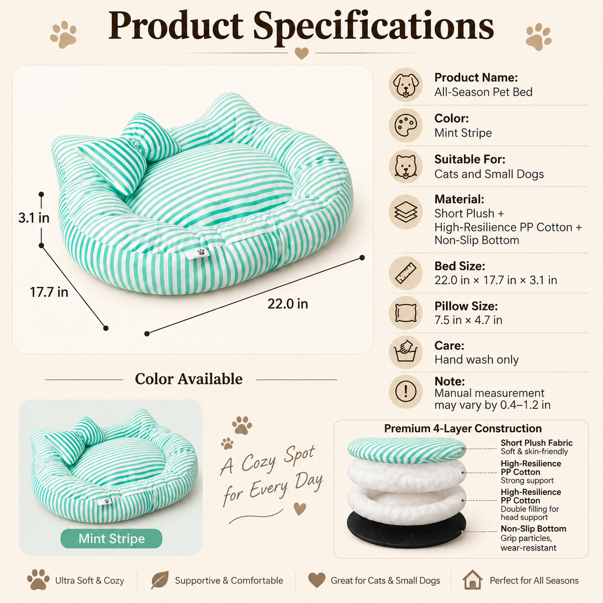Mint striped bolster pet bed specification chart with bed dimensions and care guidance.