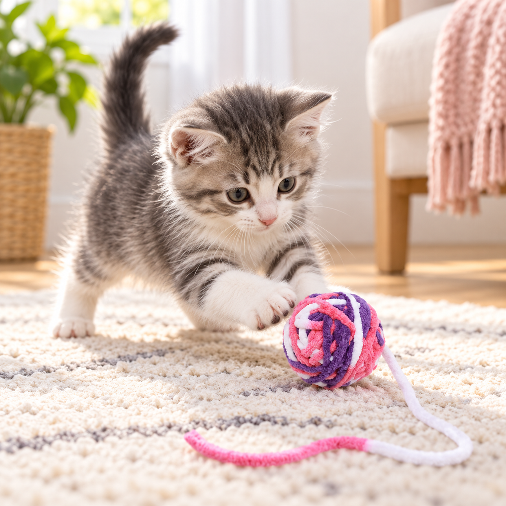 Mixed-color cat ball toys with a kitten chasing the toy on a rug