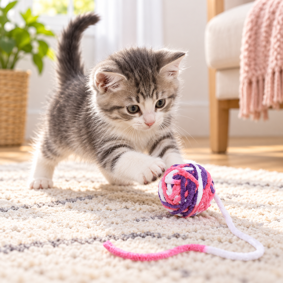 Mixed-color cat ball toys with a kitten chasing the toy on a rug