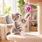 Mixed-color cat ball toys with a kitten batting the toy indoors