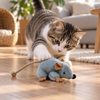 Moving plush mouse cat toy with a cat playing indoors