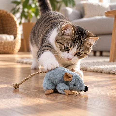 Moving plush mouse cat toy with a cat playing indoors