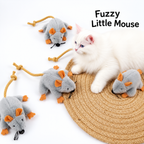Multiple moving plush mouse cat toy pieces arranged for play