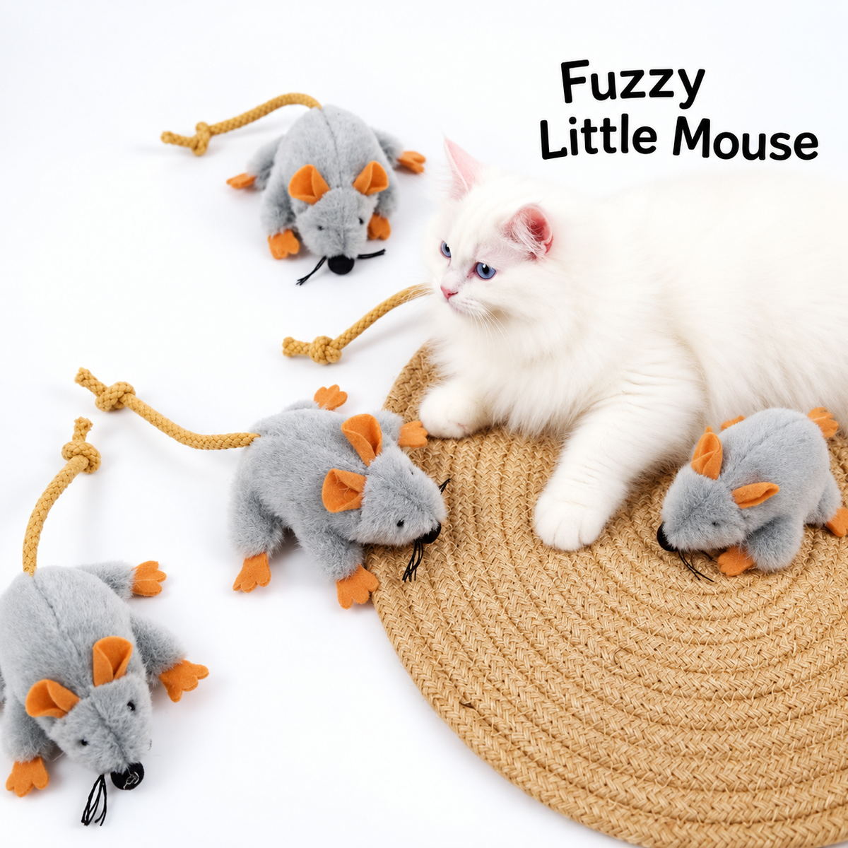 Multiple moving plush mouse cat toy pieces arranged for play