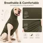 Olive green dog calming shirt with closeups of breathable fabric and stretch.