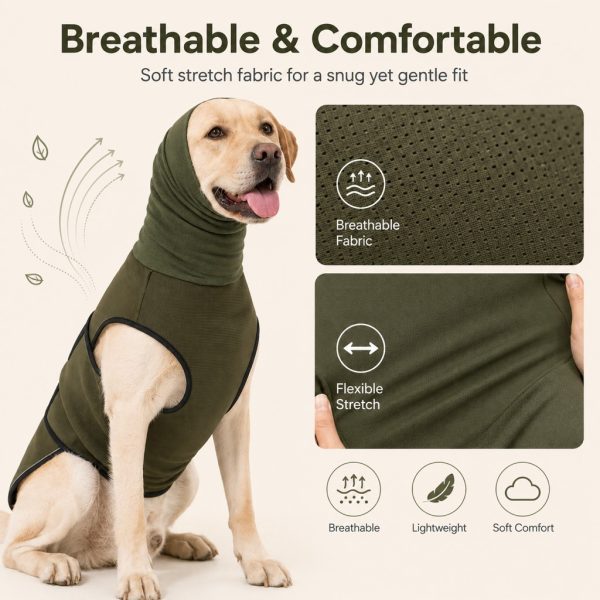 Olive green dog calming shirt with closeups of breathable fabric and stretch.
