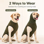 Olive green dog calming shirt comparison of hood down and ear covering wearing styles.