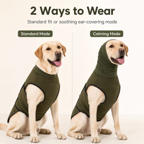 Olive green dog calming shirt comparison of hood down and ear covering wearing styles.