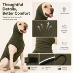 Olive green dog calming shirt detail collage of hood, fabric, neckline, closure and trim.