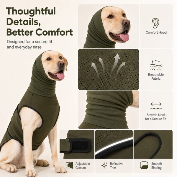 Olive green dog calming shirt detail collage of hood, fabric, neckline, closure and trim.