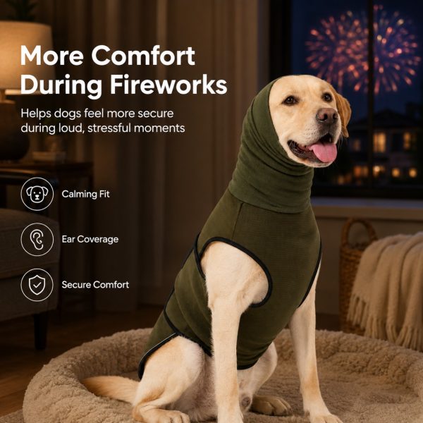 Olive green dog calming shirt worn on a dog bed with fireworks outside the window.