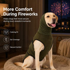 Olive green dog calming shirt worn on a dog bed with fireworks outside the window.