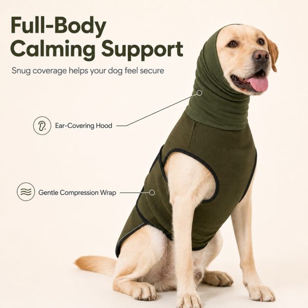 Olive green dog calming shirt showing the ear covering hood and wraparound body panels.