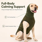 Olive green dog calming shirt showing the ear covering hood and wraparound body panels.