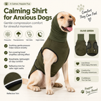 Olive green dog calming shirt feature overview showing hood, body wrap and reflective trim.
