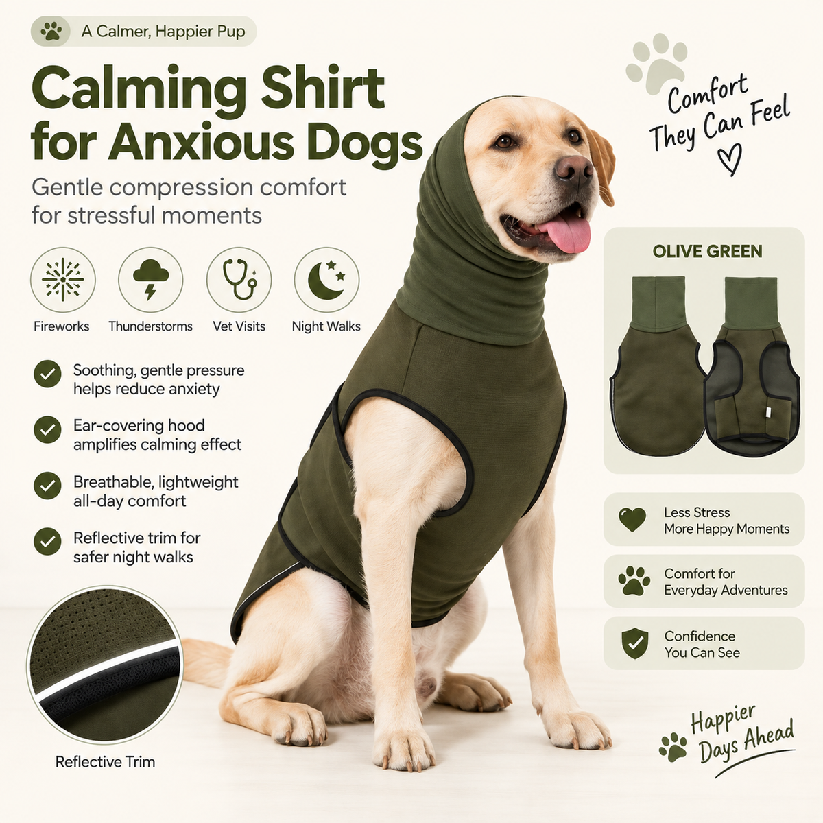 Olive green dog calming shirt feature overview showing hood, body wrap and reflective trim.