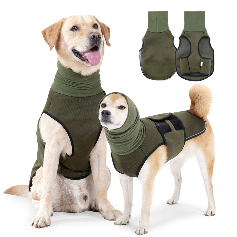 Olive green dog calming shirt modeled by two dogs with front and back garment views.