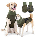 Olive green dog calming shirt modeled by two dogs with front and back garment views.