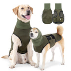 Olive green dog calming shirt modeled by two dogs with front and back garment views.
