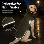 Olive green dog calming shirt worn outdoors at night with reflective edging highlighted.