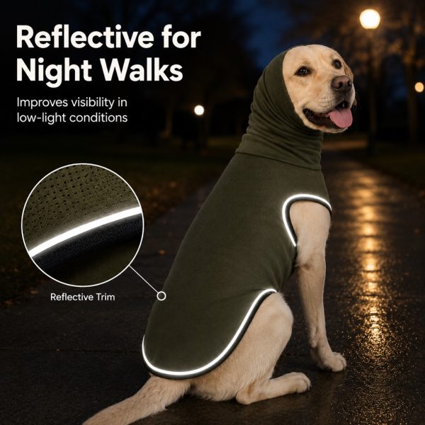 Olive green dog calming shirt worn outdoors at night with reflective edging highlighted.