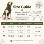 Olive green dog calming shirt size chart with chest, neck and back measuring guidance.