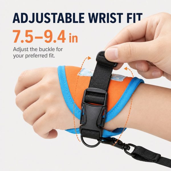 Orange and blue wrist dog leash being adjusted around a wrist with fit measurements.