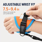 Orange and blue wrist dog leash being adjusted around a wrist with fit measurements.