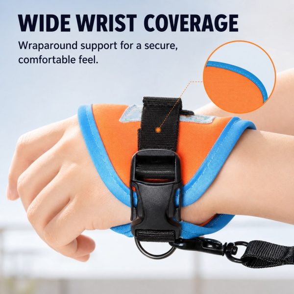 Orange and blue wrist dog leash closeup of the wide wrist wrap and buckle.