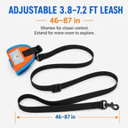 Orange and blue wrist dog leash laid flat with adjustable leash length markings.