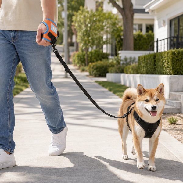 Orange and blue wrist dog leash worn during a neighborhood walk with a small dog.
