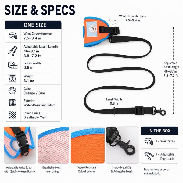 Orange and blue wrist dog leash size and contents chart showing wrist wrap, leash and hardware.