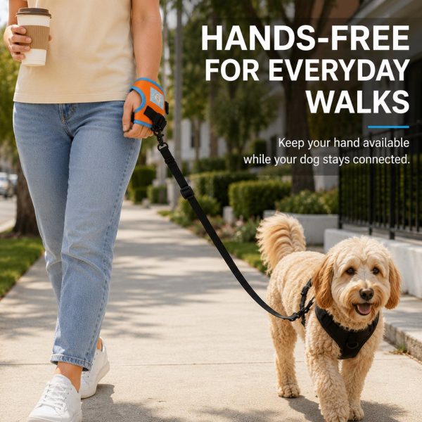 Orange and blue wrist dog leash used while walking a small dog and carrying a drink.