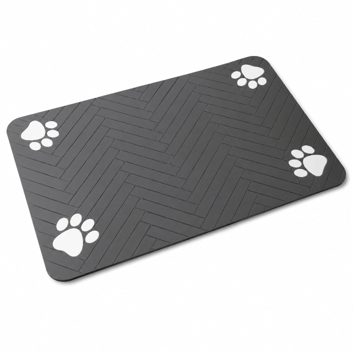Paw print pet feeding mat in dark gray displayed alone against a white background.