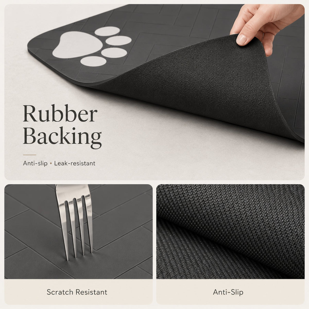 Paw print pet feeding mat lifted at one corner to show textured backing and surface details.