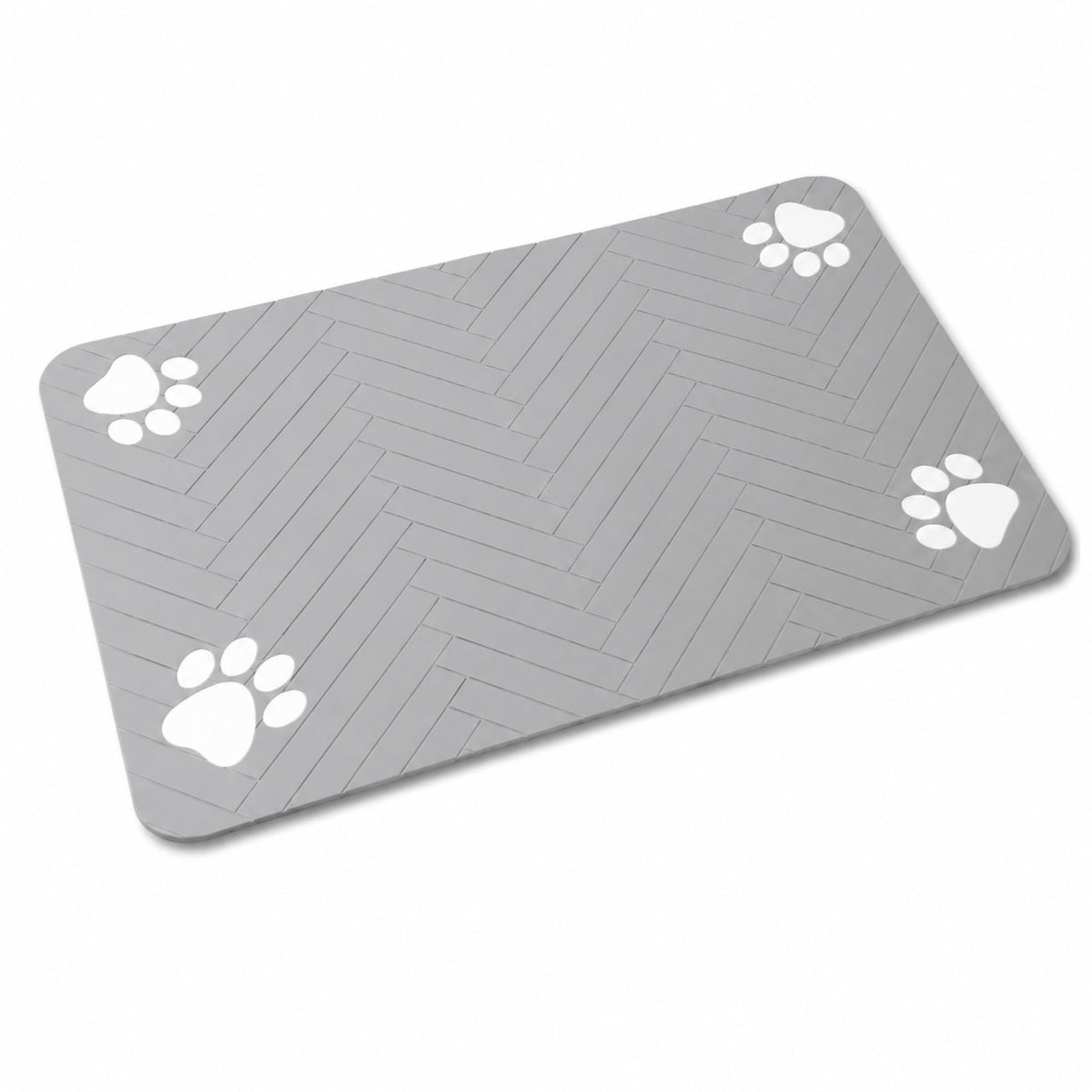 Paw print pet feeding mat in light gray displayed alone against a white background.