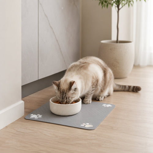 Paw print pet feeding mat in light gray beneath a food bowl used by a cat.