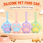Paw-shaped silicone pet treat pouch shown in available colors